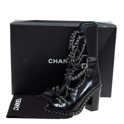Chanel Black Glazed Leather CC Runway Chain Obsession Block Heel Boots Size 40