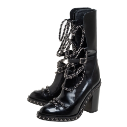 Chanel Black Glazed Leather CC Runway Chain Obsession Block Heel Boots Size 40