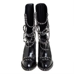 Chanel Black Glazed Leather CC Runway Chain Obsession Block Heel Boots Size 40