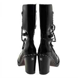 Chanel Black Glazed Leather CC Runway Chain Obsession Block Heel Boots Size 40