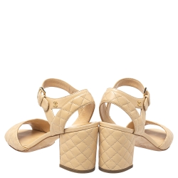 Pre Owned Chanel Beige Quilted Leather CC Block Heel Ankle Strap Sandals Size 38