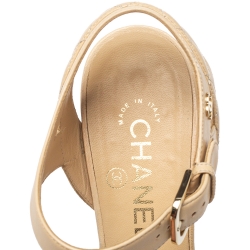 Pre Owned Chanel Beige Quilted Leather CC Block Heel Ankle Strap Sandals Size 38