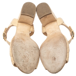 Pre Owned Chanel Beige Quilted Leather CC Block Heel Ankle Strap Sandals Size 38