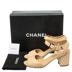 Pre Owned Chanel Beige Quilted Leather CC Block Heel Ankle Strap Sandals Size 38