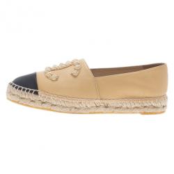 Pre Owned Chanel Beige Leather Camellia Studded Espadrilles Size 38