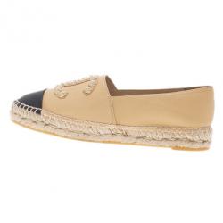 Pre Owned Chanel Beige Leather Camellia Studded Espadrilles Size 38