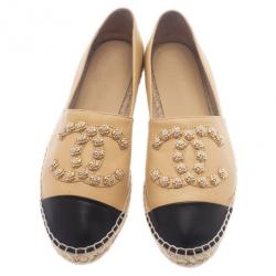 Pre Owned Chanel Beige Leather Camellia Studded Espadrilles Size 38