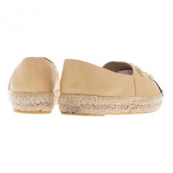 Pre Owned Chanel Beige Leather Camellia Studded Espadrilles Size 38