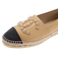 Pre Owned Chanel Beige Leather Camellia Studded Espadrilles Size 38