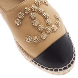 Pre Owned Chanel Beige Leather Camellia Studded Espadrilles Size 38