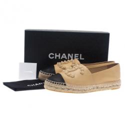 Pre Owned Chanel Beige Leather Camellia Studded Espadrilles Size 38