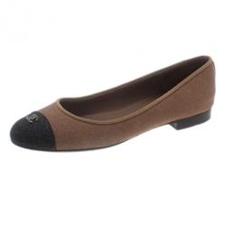 Pre Owned Chanel Beige Glitter Canvas CC Cap Toe Ballet Flats Size 38