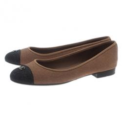 Pre Owned Chanel Beige Glitter Canvas CC Cap Toe Ballet Flats Size 38