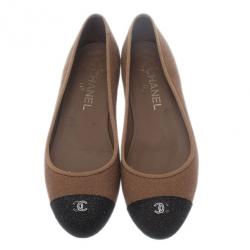 Pre Owned Chanel Beige Glitter Canvas CC Cap Toe Ballet Flats Size 38