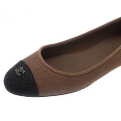Pre Owned Chanel Beige Glitter Canvas CC Cap Toe Ballet Flats Size 38