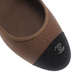 Pre Owned Chanel Beige Glitter Canvas CC Cap Toe Ballet Flats Size 38