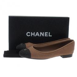 Pre Owned Chanel Beige Glitter Canvas CC Cap Toe Ballet Flats Size 38