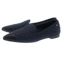 مملوكة مسبقًا حذاء شانيل سموكينج سليبر جلد مبطن أزرق مقاس 37.5