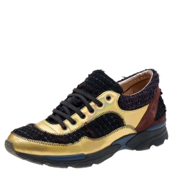 Multicolor Tweed Fabric And Leather Cc Lace Up Sneakers