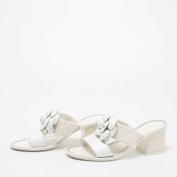 Chanel White Leather Camelia Block Heel Slide Sandals Size 36