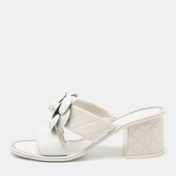 Chanel White Leather Camelia Block Heel Slide Sandals Size 36