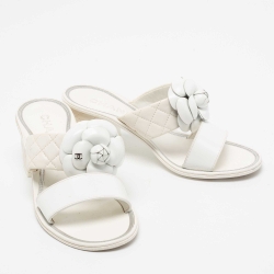 Chanel White Leather Camelia Block Heel Slide Sandals Size 36