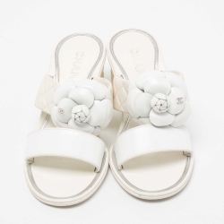 Chanel White Leather Camelia Block Heel Slide Sandals Size 36