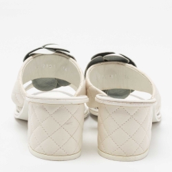 Chanel White Leather Camelia Block Heel Slide Sandals Size 36