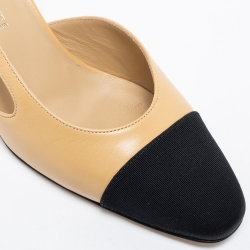 Pre Owned Chanel Beige/Black Leather And Fabric Cap Toe Slingback Sandals Size 37