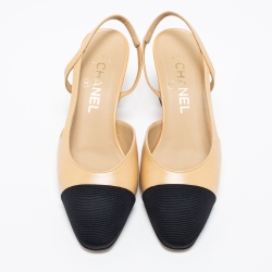 Pre Owned Chanel Beige/Black Leather And Fabric Cap Toe Slingback Sandals Size 37