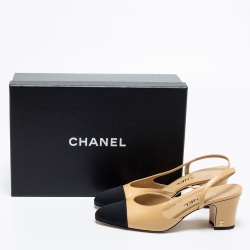 Pre Owned Chanel Beige/Black Leather And Fabric Cap Toe Slingback Sandals Size 37