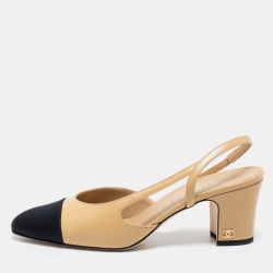 Pre Owned Chanel Beige/Black Leather And Fabric Cap Toe Slingback Sandals Size 37