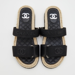 مملوكة مسبقًا Chanel Black Leather And CC Velcro Espadrille Flat Sandals Size 39