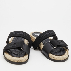 مملوكة مسبقًا Chanel Black Leather And CC Velcro Espadrille Flat Sandals Size 39