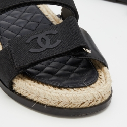 مملوكة مسبقًا Chanel Black Leather And CC Velcro Espadrille Flat Sandals Size 39