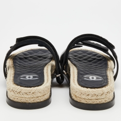 مملوكة مسبقًا Chanel Black Leather And CC Velcro Espadrille Flat Sandals Size 39