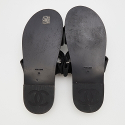 مملوكة مسبقًا Chanel Black Leather And CC Velcro Espadrille Flat Sandals Size 39
