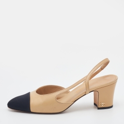 مملوكة مسبقًا Chanel Beige/Black Leather And Fabric CC Cap Toe Slingback Sandals Size 37
