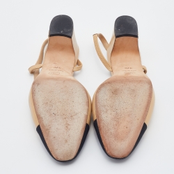 مملوكة مسبقًا Chanel Beige/Black Leather And Fabric CC Cap Toe Slingback Sandals Size 37