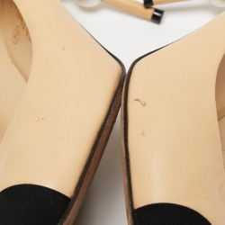 Pre Owned Chanel Beige/Black Leather And Canvas Faux Pearl Cap Toe Pointed Toe Pumps Size 38