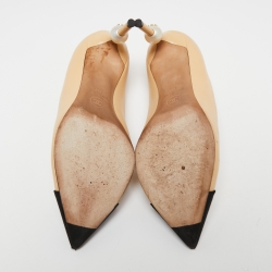 Pre Owned Chanel Beige/Black Leather And Canvas Faux Pearl Cap Toe Pointed Toe Pumps Size 38