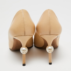 Pre Owned Chanel Beige/Black Leather And Canvas Faux Pearl Cap Toe Pointed Toe Pumps Size 38