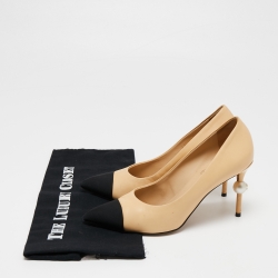 Pre Owned Chanel Beige/Black Leather And Canvas Faux Pearl Cap Toe Pointed Toe Pumps Size 38
