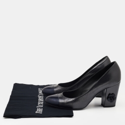 Pre Owned Chanel Dark Grey/Navy Blue Leather Cap Toe Block Heel Pumps Size 39.5