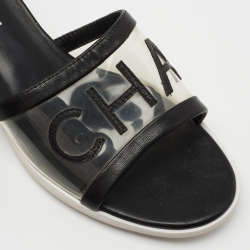 Pre Owned Chanel Black Leather and PVC Logo Slide Sandals Size 39