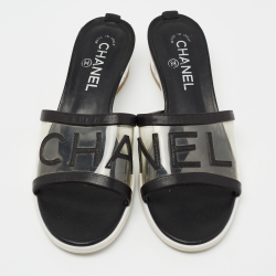 Pre Owned Chanel Black Leather and PVC Logo Slide Sandals Size 39