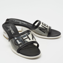 Pre Owned Chanel Black Leather and PVC Logo Slide Sandals Size 39