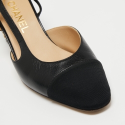 مملوكة مسبقًا Chanel Black Leather and Canvas CC Cap toe Slingback Block Heel Sandals Size 38