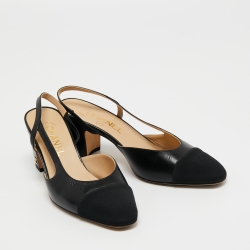 مملوكة مسبقًا Chanel Black Leather and Canvas CC Cap toe Slingback Block Heel Sandals Size 38