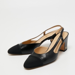 مملوكة مسبقًا Chanel Black Leather and Canvas CC Cap toe Slingback Block Heel Sandals Size 38